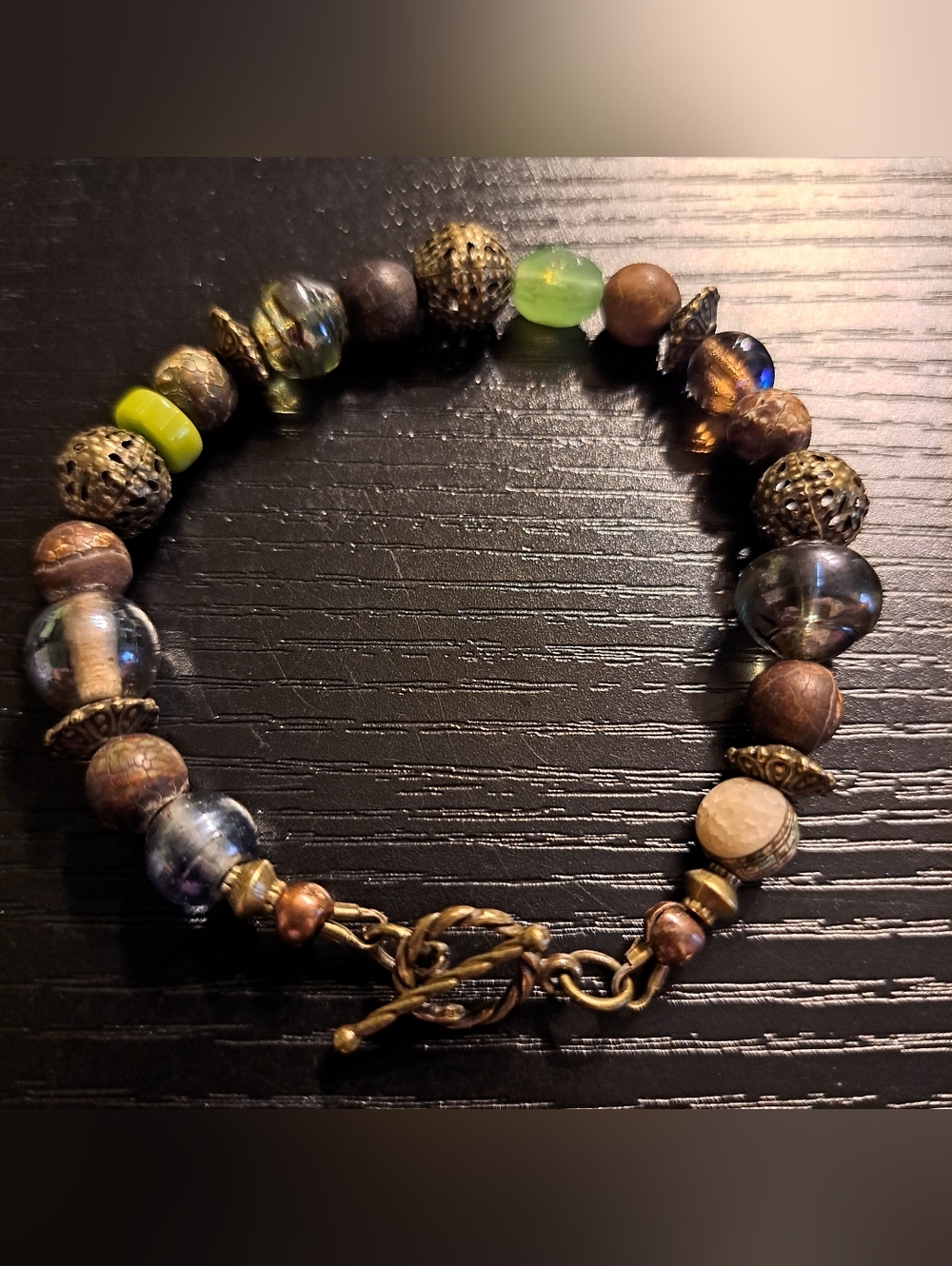 Boho Multimedia Bronze & Earthy Shades of Green Beaded Bracelet
